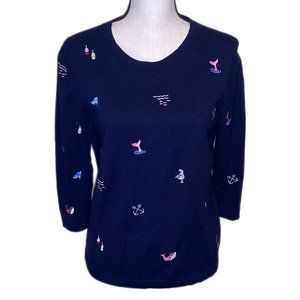 Talbots Womens Three-Quarter Sleeve Navy Sweater with Embroidery Size M Petite
